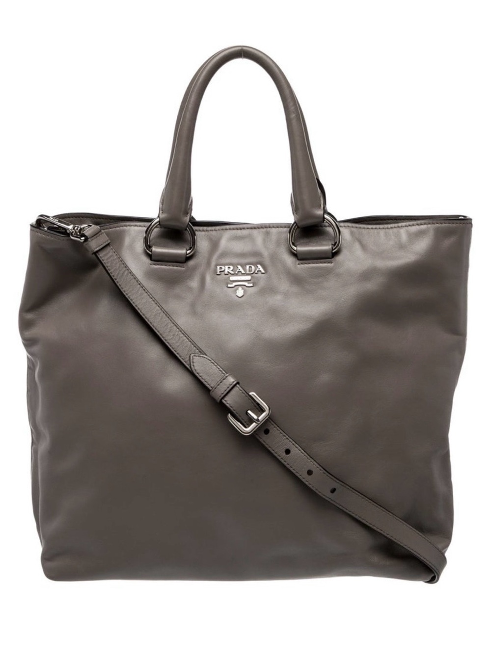 Prada Gray Leather Tote with Silver Logo